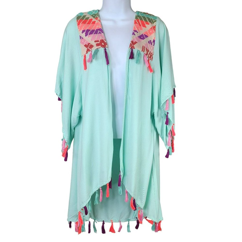 Judith March Wmns LG Kimono Topper Coverup Aztec Print Pastel Embroidered Tassel